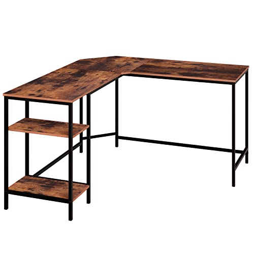 L Shaped Desk,Corner Computer Desk with 2 Removable Shelf,Sturdy Wood & Steel Home Office Table,Writing Desk,Larger Writing Workstation for Small Spaces, Black/Brown