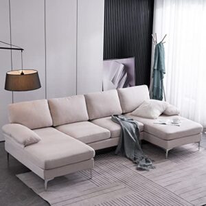 110”w u-shaped fabric sectional sofa with 2 chaise lounge iron feet 4-seat indoor modular sofa (beige)