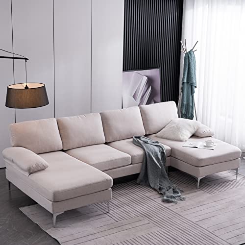 110”W U-Shaped Fabric Sectional Sofa with 2 Chaise Lounge Iron Feet 4-Seat Indoor Modular Sofa (Beige)