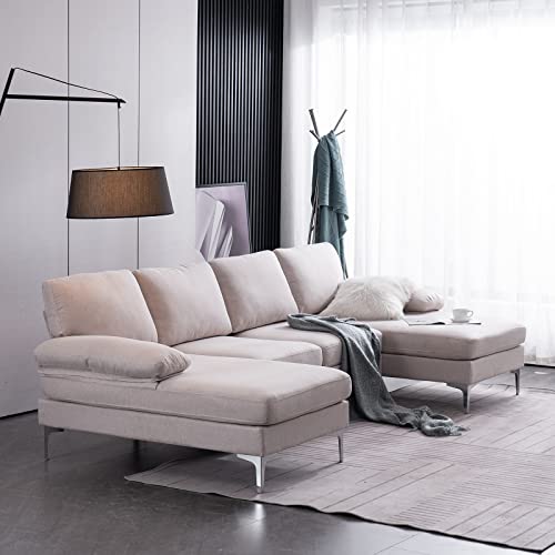 110”W U-Shaped Fabric Sectional Sofa with 2 Chaise Lounge Iron Feet 4-Seat Indoor Modular Sofa (Beige)