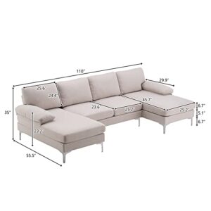 110”W U-Shaped Fabric Sectional Sofa with 2 Chaise Lounge Iron Feet 4-Seat Indoor Modular Sofa (Beige)