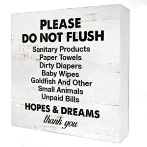 funny bathroom wooden box sign desk decor please do not flush sanitary products wood block plaque box signs with quotes rustic box sign for home bathroom shelf table decoration (5 x 5 inch)