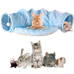 bnosdm 2-in-1 rabbit tunnel bed for bunnies tube collapsible removeable mat rabbits tunnels tubes toys small animal hideout for pet kittens chinchilla ferrets guinea pigs hamster blue