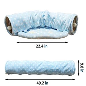 BNOSDM 2-in-1 Rabbit Tunnel Bed for Bunnies Tube Collapsible Removeable Mat Rabbits Tunnels Tubes Toys Small Animal Hideout for Pet Kittens Chinchilla Ferrets Guinea Pigs Hamster Blue