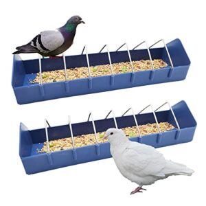 2pcs pigeon feeder, bird dispenser slot container, poultry plastic thick trough dish less waste with removable steel wire partition for pigeons quails birds chicks ducklings
