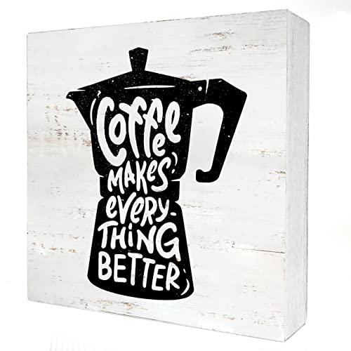 Funny Coffee Wooden Box Sign Desk Decor Coffee Makes Everything Better Wood Block Plaque Box Signs Rustic Box Sign for Home Kitchen Living Room Office Shelf Table Decoration (5 X 5 Inch)