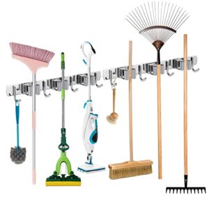 rose kuli 2 pack mop and broom holder, wall mounted organizer mop and broom storage tool rack with 6 ball slots and 8 hooks for garage, garden, laundry room