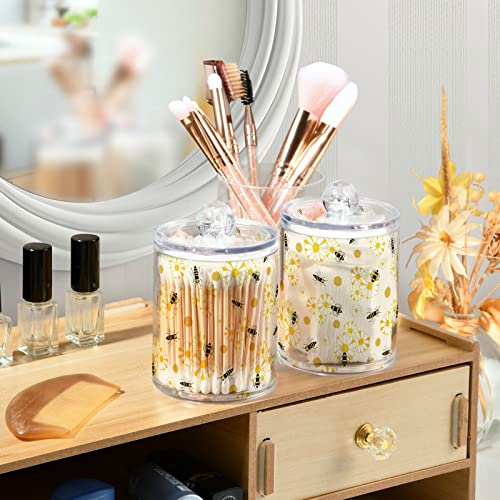 MNSRUU 2 Pack Qtip Holder Organizer Dispenser Cute Bee Bathroom Storage Canister Cotton Ball Holder Bathroom Containers for Cotton Swabs/Pads/Floss