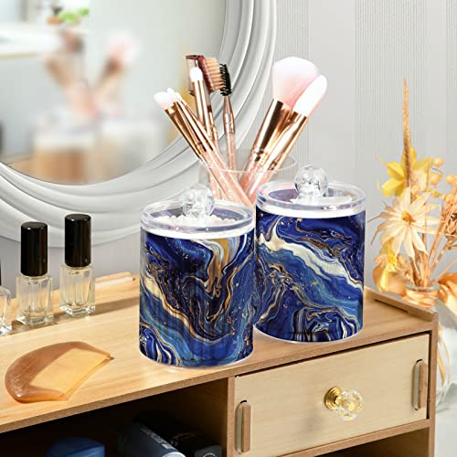 MNSRUU 2 Pack Qtip Holder Organizer Dispenser Blue Marbling Bathroom Storage Canister Cotton Ball Holder Bathroom Containers for Cotton Swabs/Pads/Floss