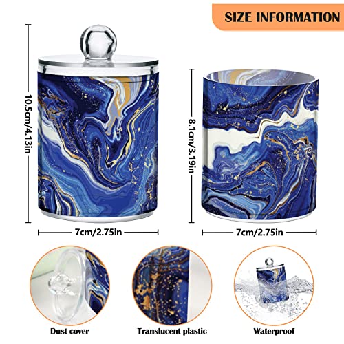 MNSRUU 2 Pack Qtip Holder Organizer Dispenser Blue Marbling Bathroom Storage Canister Cotton Ball Holder Bathroom Containers for Cotton Swabs/Pads/Floss