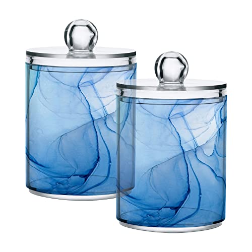 2 Pack Qtip Holder Organizer Dispenser Blue Marble Fluid Art Bathroom Storage Canister Cotton Ball Holder Bathroom Containers for Cotton Swabs/Pads/Floss