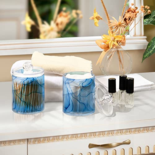 2 Pack Qtip Holder Organizer Dispenser Blue Marble Fluid Art Bathroom Storage Canister Cotton Ball Holder Bathroom Containers for Cotton Swabs/Pads/Floss