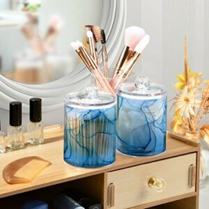 2 Pack Qtip Holder Organizer Dispenser Blue Marble Fluid Art Bathroom Storage Canister Cotton Ball Holder Bathroom Containers for Cotton Swabs/Pads/Floss