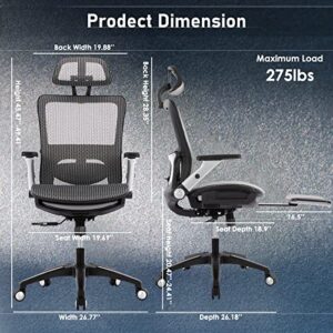 Ergonomic Mesh Office Chair with Footrest, High Back Computer Executive Desk Chair with Headrest and 4D Flip-up Armrests, Adjustable Tilt Lock and Lumbar Support-Grey