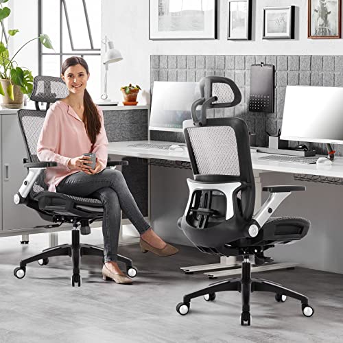 Ergonomic Mesh Office Chair with Footrest, High Back Computer Executive Desk Chair with Headrest and 4D Flip-up Armrests, Adjustable Tilt Lock and Lumbar Support-Grey