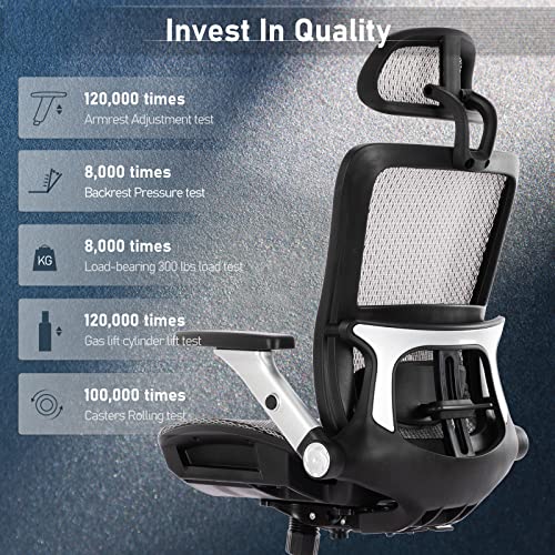 Ergonomic Mesh Office Chair with Footrest, High Back Computer Executive Desk Chair with Headrest and 4D Flip-up Armrests, Adjustable Tilt Lock and Lumbar Support-Grey