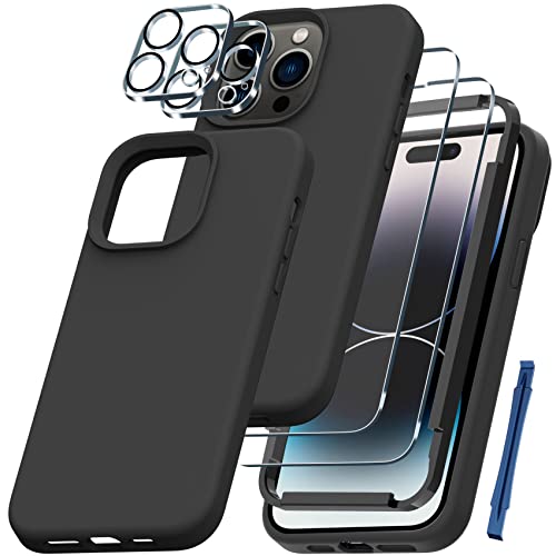 QHOHQ [5 in 1 for iPhone 14 Pro Case, with 2X Screen Protector + 2X Camera Lens Protector, Soft Silicone Military Shockproof Slim Thin Phone Case 6.1 Inch，Black