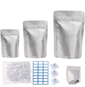 60 mylar bags for food storage with oxygen absorbers , 8 mil 1gallon 10.2"x13.8", 8.2"x12", 5.9"x8.5", 4.3"x6.3" stand-up zipper resealable bags & heat sealable food storage bags + labels+hook up