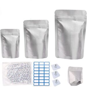 60 Mylar Bags for Food Storage with Oxygen Absorbers , 8 Mil 1Gallon 10.2"x13.8", 8.2"x12", 5.9"x8.5", 4.3"x6.3" Stand-Up Zipper Resealable Bags & Heat Sealable Food Storage Bags + Labels+hook up