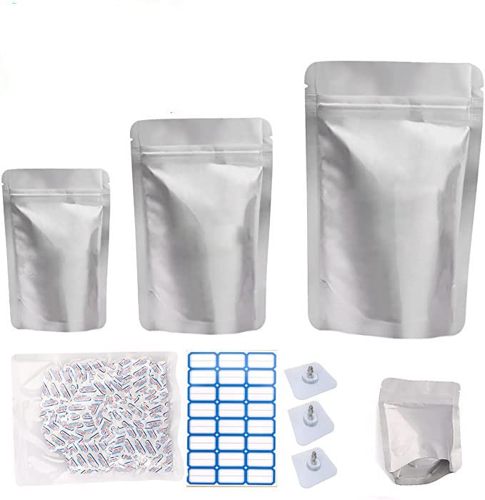 60 Mylar Bags for Food Storage with Oxygen Absorbers , 8 Mil 1Gallon 10.2"x13.8", 8.2"x12", 5.9"x8.5", 4.3"x6.3" Stand-Up Zipper Resealable Bags & Heat Sealable Food Storage Bags + Labels+hook up