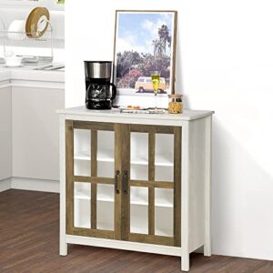 HOMCOM Kitchen Sideboard, Glass Door Buffet Cabinet, Accent Cupboard with Adjustable Storage Shelf for Living Room, Distressed White