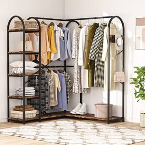 tribesigns l-shaped garment rack with shelves, heavy duty corner clothes rack with coat hooks, anti-toppling device, cloth hanger standing clothing racks for hanging clothes, rustic brown