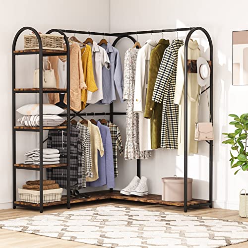 Tribesigns L-Shaped Garment Rack with Shelves, Heavy Duty Corner Clothes Rack with Coat Hooks, Anti-toppling Device, Cloth Hanger Standing Clothing Racks for Hanging Clothes, Rustic Brown