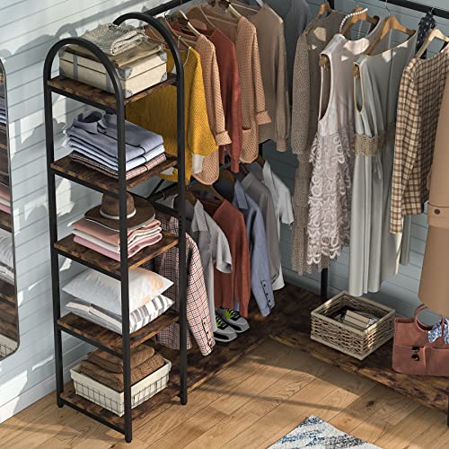 Tribesigns L-Shaped Garment Rack with Shelves, Heavy Duty Corner Clothes Rack with Coat Hooks, Anti-toppling Device, Cloth Hanger Standing Clothing Racks for Hanging Clothes, Rustic Brown