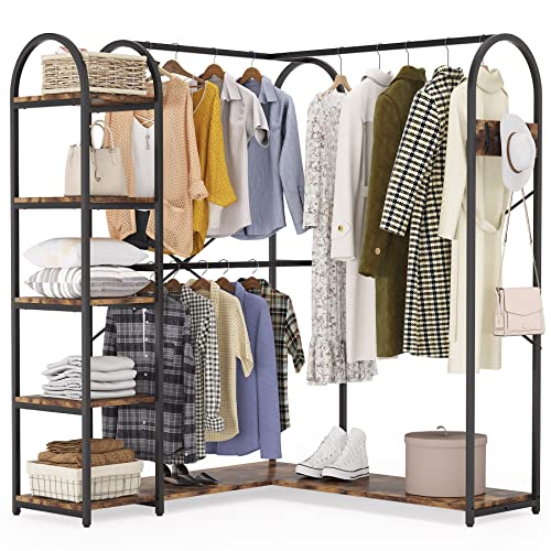 Tribesigns L-Shaped Garment Rack with Shelves, Heavy Duty Corner Clothes Rack with Coat Hooks, Anti-toppling Device, Cloth Hanger Standing Clothing Racks for Hanging Clothes, Rustic Brown