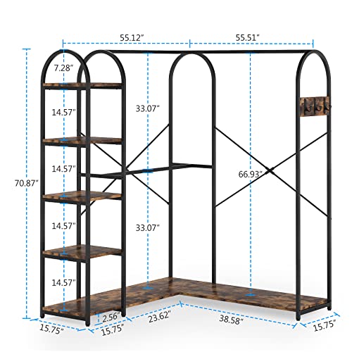 Tribesigns L-Shaped Garment Rack with Shelves, Heavy Duty Corner Clothes Rack with Coat Hooks, Anti-toppling Device, Cloth Hanger Standing Clothing Racks for Hanging Clothes, Rustic Brown