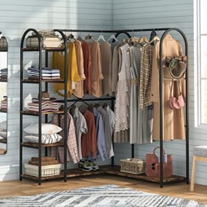 Tribesigns L-Shaped Garment Rack with Shelves, Heavy Duty Corner Clothes Rack with Coat Hooks, Anti-toppling Device, Cloth Hanger Standing Clothing Racks for Hanging Clothes, Rustic Brown