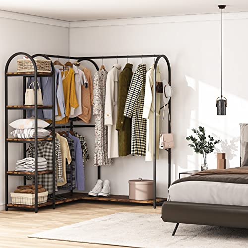 Tribesigns L-Shaped Garment Rack with Shelves, Heavy Duty Corner Clothes Rack with Coat Hooks, Anti-toppling Device, Cloth Hanger Standing Clothing Racks for Hanging Clothes, Rustic Brown
