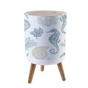 small trash can with lid marine hand drawn sea shells stars seahorse coral highly detailed round garbage can press cover wastebasket wood waste bin for bathroom kitchen office 7l/1.8 gallon
