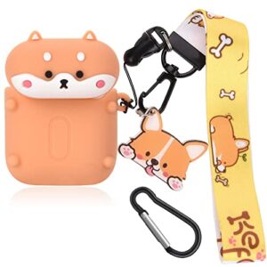 cute airpod case with lanyard keychain protective soft silicone funny corgi cover compatiable with airpods 1st & 2nd generation case