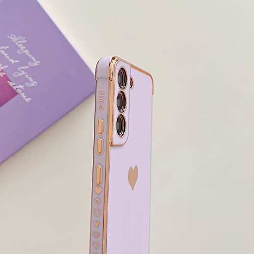 phylla Design for Samsung Galaxy S22 Plus/S22+ Phone Case,Cute Love Heart Luxury Gold Plating Edge Case for Women Men Camera Protection Shockproof Bumper with Side Small Heart Pattern (Purple)