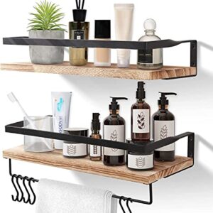 Uten Floating Shelves, Solid Wood Wall Mounted Shelf for Bathroom, Kitchen, Bedroom, Living Room with Metal Frame and Towel Rack, Floating Bathroom Shelves Set of 2, Light Brown