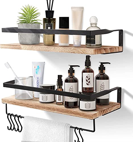 Uten Floating Shelves, Solid Wood Wall Mounted Shelf for Bathroom, Kitchen, Bedroom, Living Room with Metal Frame and Towel Rack, Floating Bathroom Shelves Set of 2, Light Brown