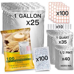 100 packs reusable mylar bags with oxygen absorber 1 gallon( 9.44 mil,10"x14" 6"x9" 4.3"x6.3" ) mylar bags for food storage for grains, wheat, rice, legumes, meat long term food storage home organization