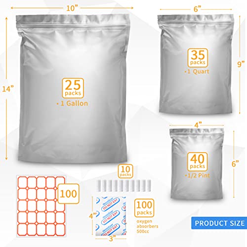 100 Packs Reusable Mylar Bags with Oxygen Absorber 1 Gallon( 9.44 Mil,10"x14" 6"x9" 4.3"x6.3" ) Mylar Bags for food storage for Grains, Wheat, Rice, Legumes, Meat Long Term Food Storage Home Organization