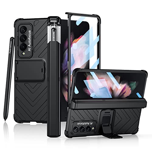 Libeagle Compatible with Samsung Galaxy Z Fold 3 Case with [Built in Hidden S Pen Holder to Avoid Pen Lost] [Full Hinge Protection][Heavy Duty Protective][Screen Protector] Stand Cover 5G 2021-Black