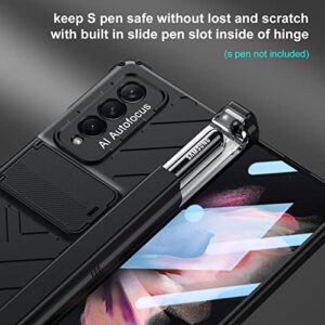 Libeagle Compatible with Samsung Galaxy Z Fold 3 Case with [Built in Hidden S Pen Holder to Avoid Pen Lost] [Full Hinge Protection][Heavy Duty Protective][Screen Protector] Stand Cover 5G 2021-Black