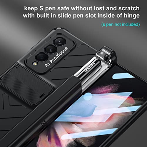 Libeagle Compatible with Samsung Galaxy Z Fold 3 Case with [Built in Hidden S Pen Holder to Avoid Pen Lost] [Full Hinge Protection][Heavy Duty Protective][Screen Protector] Stand Cover 5G 2021-Black