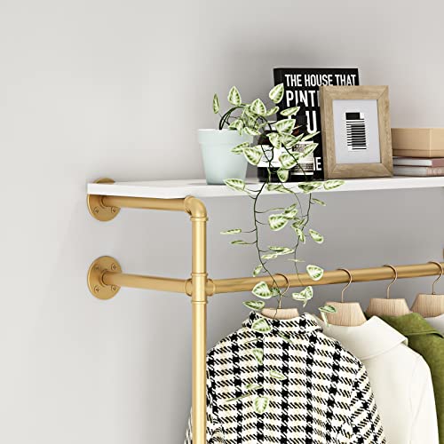 HOMEKAYT Industrial Pipe Clothing Rack Wall Mounted Garment Rack with 2-tier Wooden Shelves Vintage Hanging Rack for Bedroom, Living room-Gold