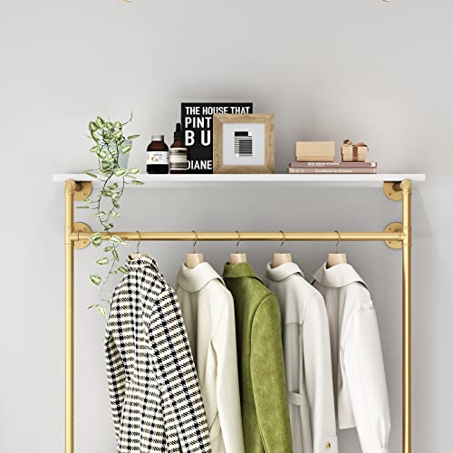 HOMEKAYT Industrial Pipe Clothing Rack Wall Mounted Garment Rack with 2-tier Wooden Shelves Vintage Hanging Rack for Bedroom, Living room-Gold