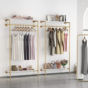 HOMEKAYT Industrial Pipe Clothing Rack Wall Mounted Garment Rack with 2-tier Wooden Shelves Vintage Hanging Rack for Bedroom, Living room-Gold