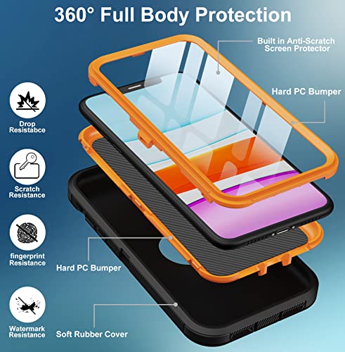 Aimoll-88 iPhone 11 Heavy Duty Case - Built-in Screen Protector, Shockproof & Dust Proof, Rugged 3-Layer Protection, Black/Orange