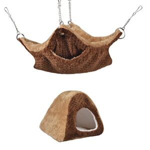 petmolico 2 pack small animal hammock, 2 layer hamster hanging hammock and warm plush tent bed for ferret rat guinea pig chinchilla, brown