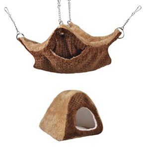 Petmolico 2 Pack Small Animal Hammock, 2 Layer Hamster Hanging Hammock and Warm Plush Tent Bed for Ferret Rat Guinea Pig Chinchilla, Brown