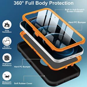 Aimoll-88 iPhone 12 Pro Max Case, Built-in Screen Protector, Heavy Duty Drop & Shockproof, Dust-Proof, Rugged Full Body Cover (Black/Orange)