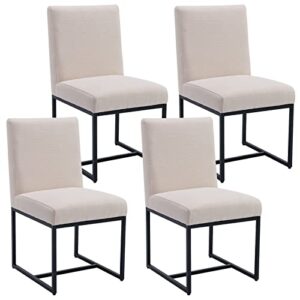 hny century modern dining chairs set of 4, linen fabric kitchen & dining room chair, upholstered dining chair side chair with black finish metal frame, cream 4 pc
